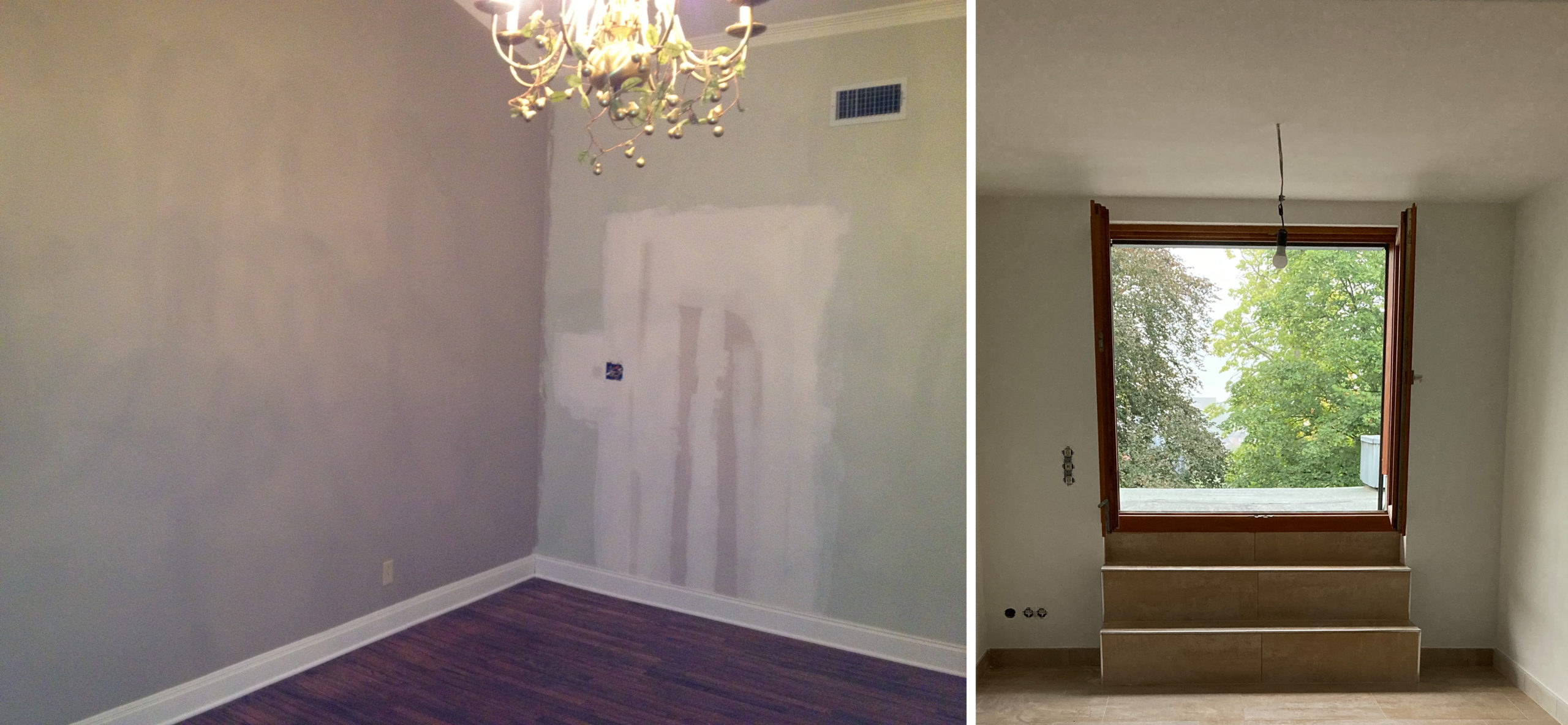 Left: A corner of an empty dining room with a previously existing doorway patched to create a solid wall, with a chandelier hanging in the center of the room. Right: A room with three stairs leading to a doorway opening to a rooftop with greenery.