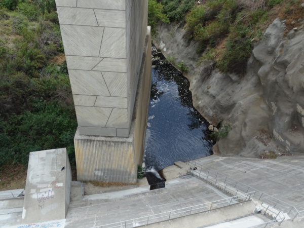 A view from above the dam showing the water being discharged.