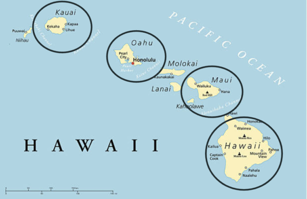 A map of the 4 islands of the Hawaiian archipelago “Kauai”, “Oahu”, “Maui” and “Hawaii” during Rheanna’s trip