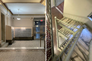 Left Image: Lobby lined with gray mailboxes on the left, and stainless steel door on the right, with intricate floor tiles and plasterwork along the walls. Right Image: A triangular shaped stairwell looking down multiple floors. The stairs are marble with a light green railing, and the floors have brown penny tiles.