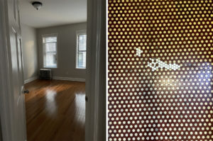 Left image: A white door opening into an empty bedroom with glossy wood floors and two windows letting in natural light. Right image: Rust and cream colored floor hexagon floor tiles with mismatched white tiles patched in the center.