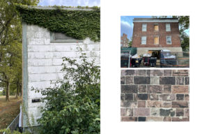 Left image: Side of white house with ivy growing over the roof and a fence blocking entry on the left. Top right image: Brick building with six windows, two covered in plywood and dumpsters filled with construction material. Bottom right image: Multicolor bricks in square and rectangular shapes.