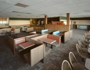 Interior of an empty Burger King restaurant