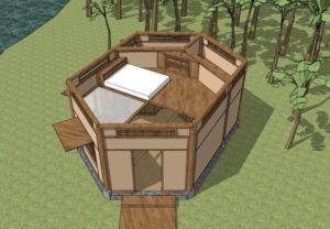 Graphic design of the Tiny House named “Honey Hex” before construction was started. This hexagon structure has 6 walls in brown, surrounded by green forest area and many trees. There is an upstairs loft for the bedroom and a downstairs open living space.