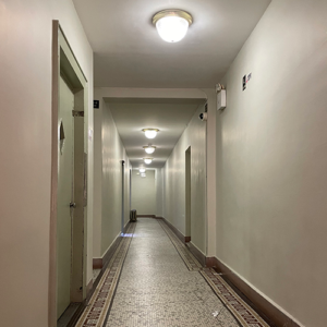 An apartment building hallway.