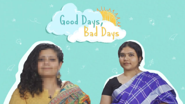A colorful poster of the video podcast ‘Good Days, Bad Days’ with HImani Kulkarni and the host featured on it. The text reads the name of the podcast ‘Good Days, Bad Days’ and the face of the host is blurred for privacy.)
