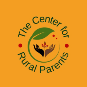 A gold background with "The Center for Rural Parents" text in a circle, surrounding two hands with a bloom coming out of it. 